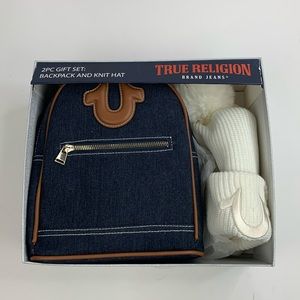 True Religion White Knit hat & Denim Backpack bag purse 2 piece Gift Set NEW
